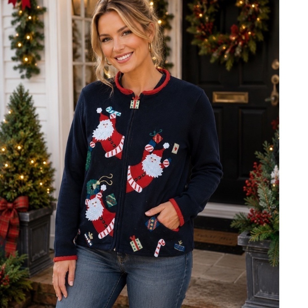 Carolina Colours Womens Christmas Santa Cardigan Sweater Navy Blue Zip Up Large
